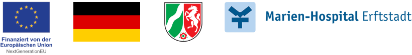 LtR: Icon NextGenerationEU, Deutsche Flagge, Wappen NRW, Emblem Marien-Hostpital Erftstadt